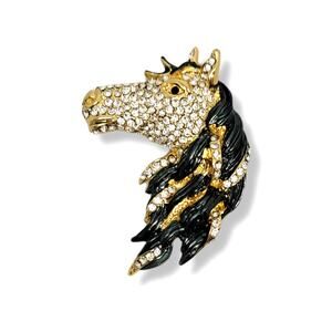 Gold Tone Round White Crystal Gunmetal Black Enamel Horse Head Brooch Pin
